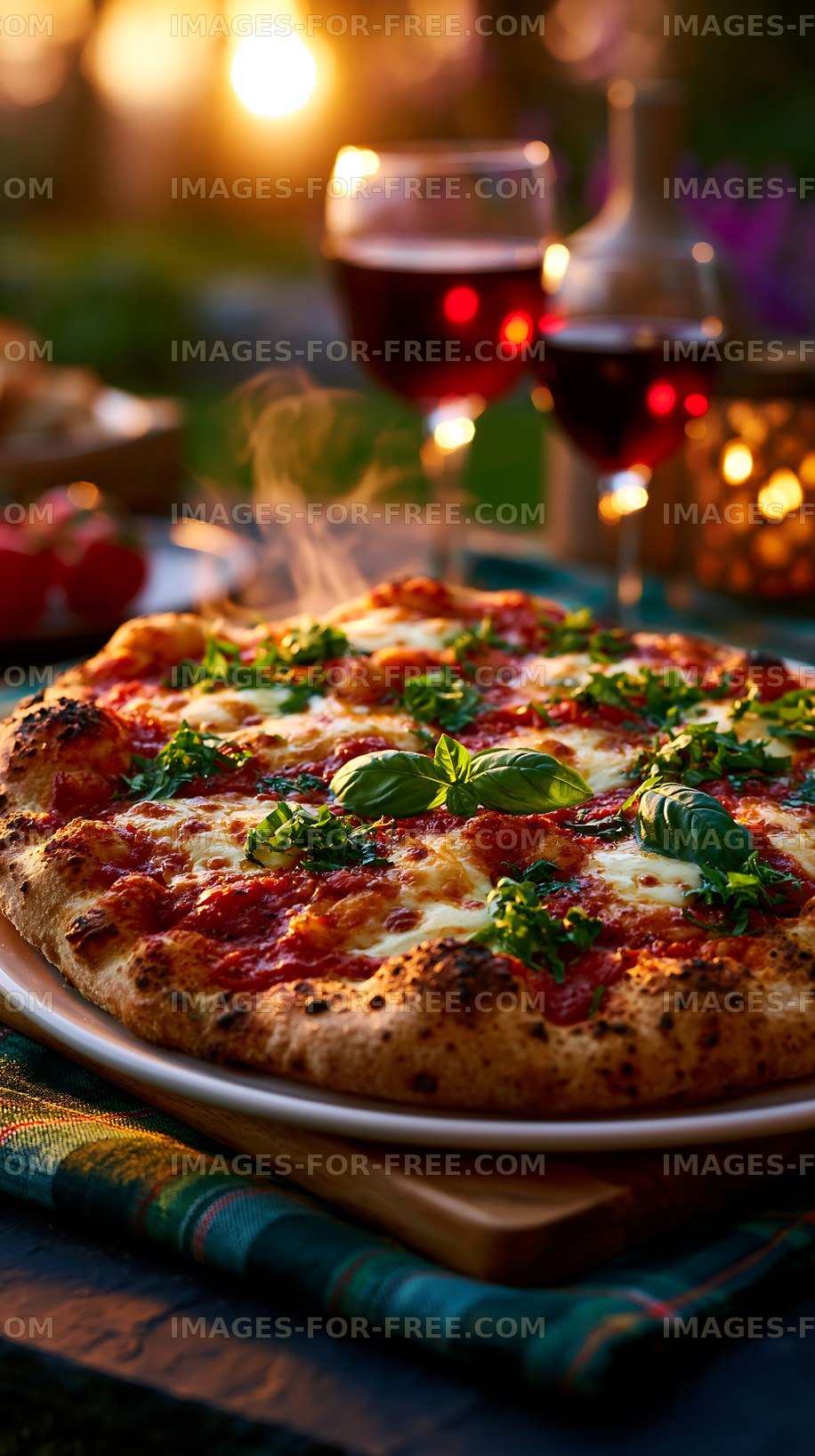 Margherita pizza and red wine in warm evening light