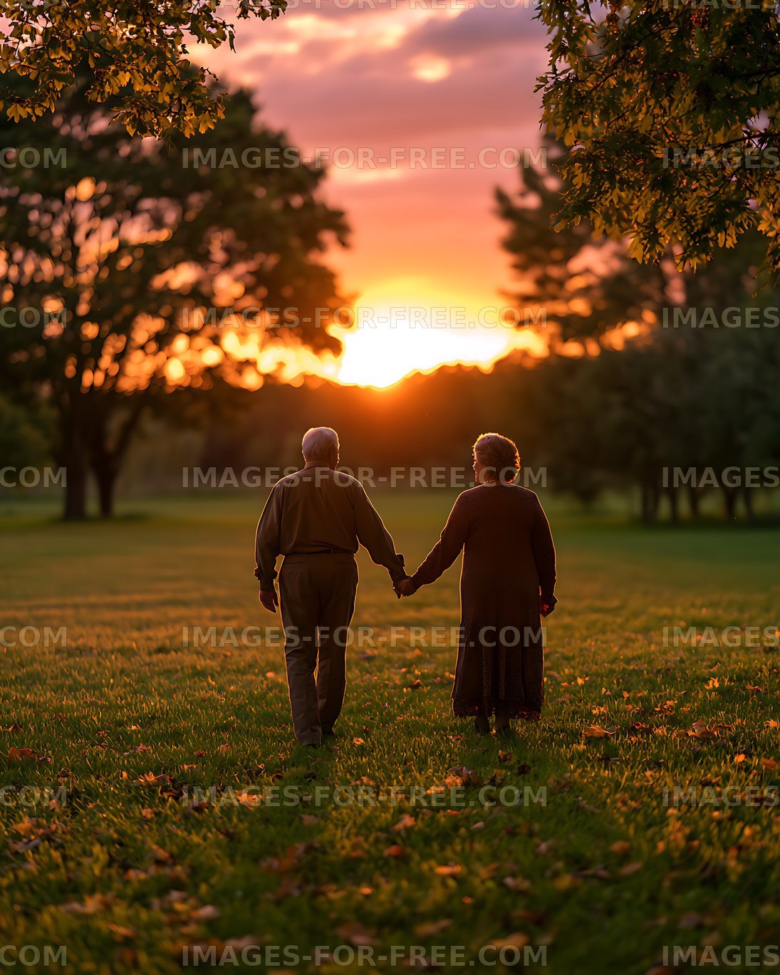 Couple walking hand in hand through a sunlit park
