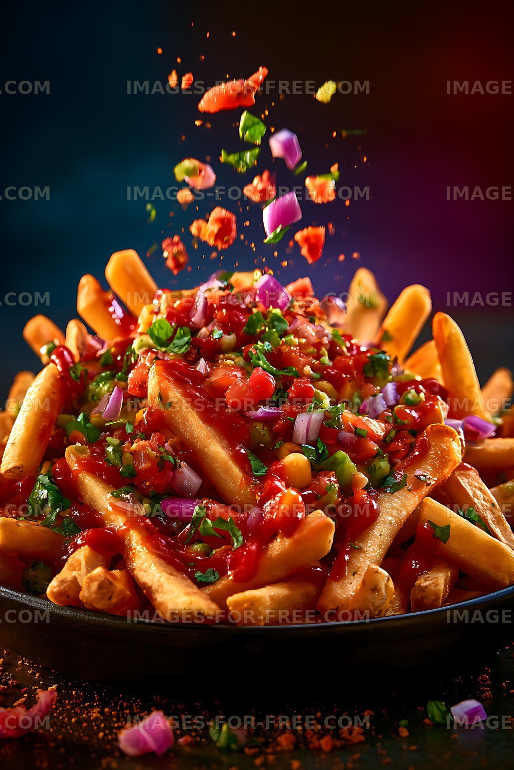 Vibrant loaded fries with fresh vegetables and salsa