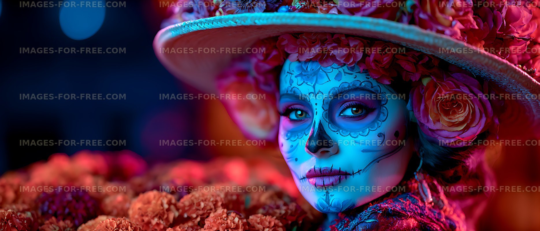 Colorful close-up portrait with floral face paint and hat