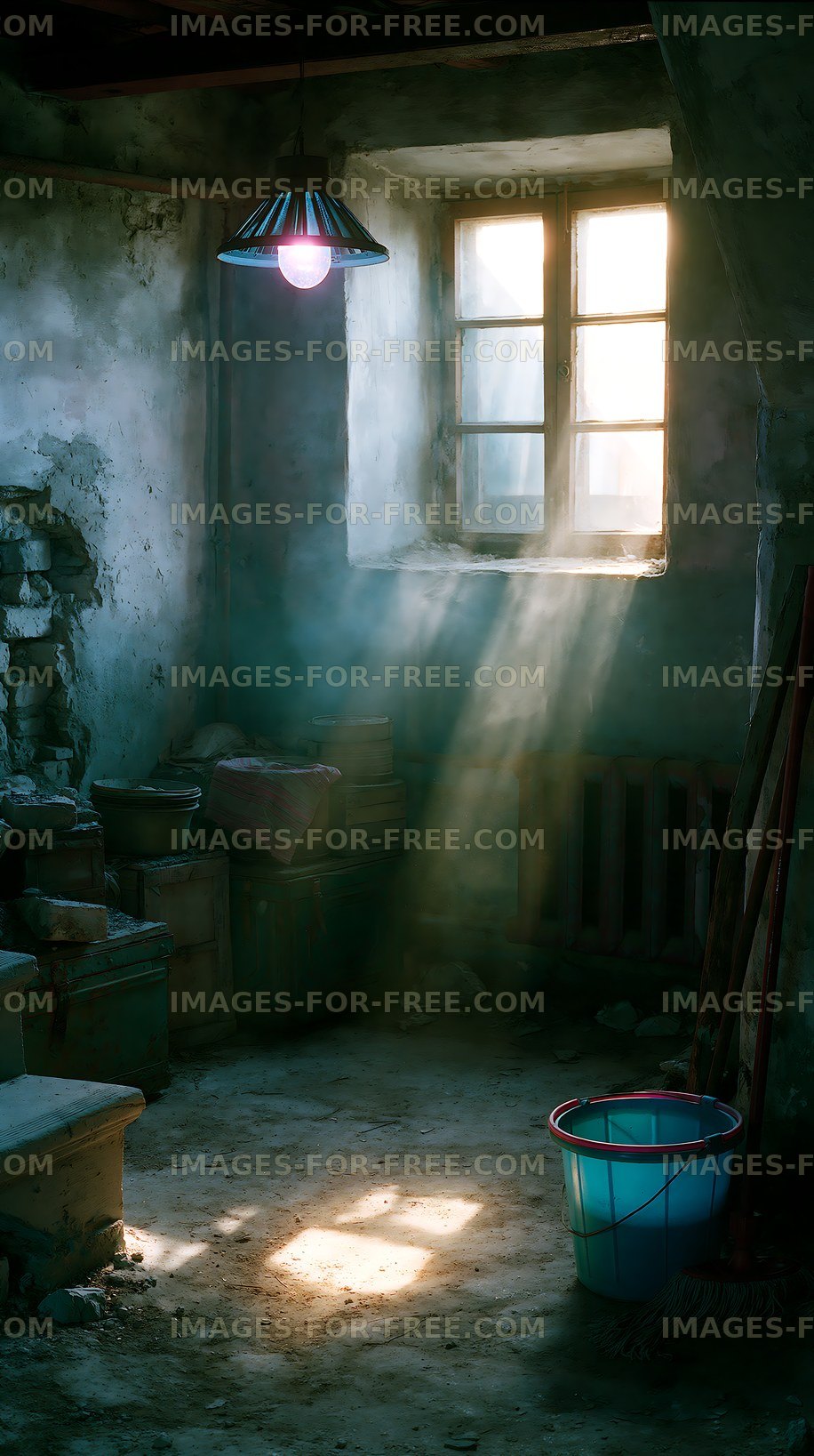 Moody rustic room with window light and hanging lamp