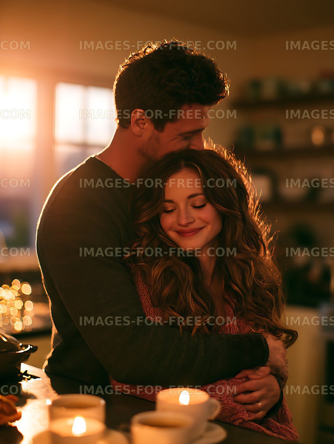 Tender couple embracing in candlelight