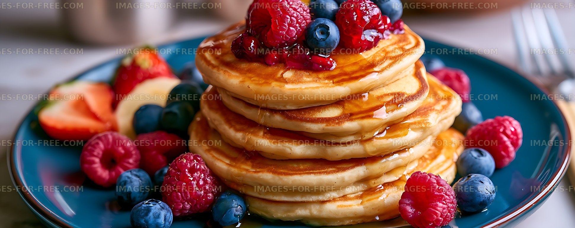Golden pancake stack topped with fresh berries