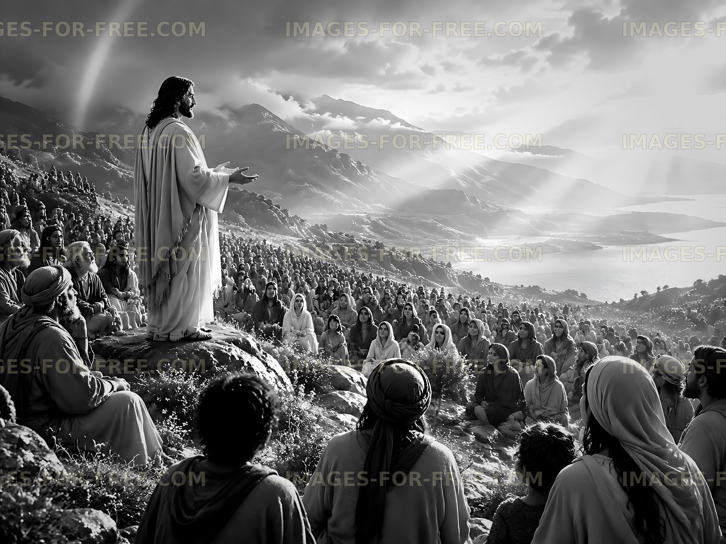 Jesus teaching on a hillside to a large crowd