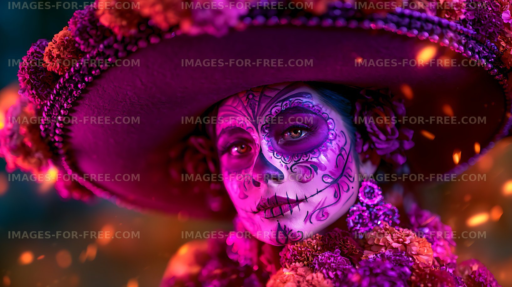 Colorful close-up portrait with floral hat and skull-style makeup