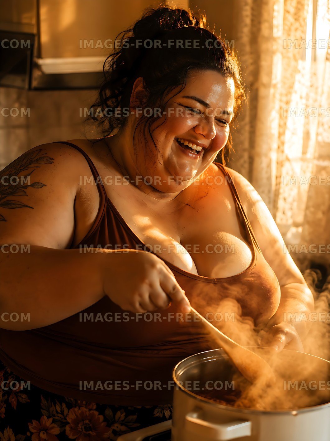 Woman cooking in kitchen with sunlight filtering through window