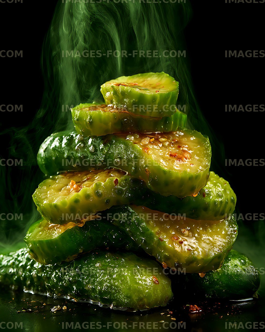 Glossy sliced pickles stacked with seasoning