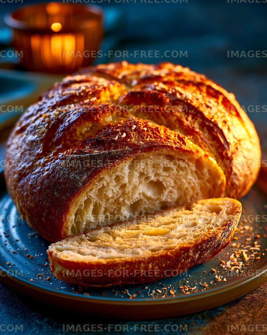 Fresh rustic loaf with a slice served on a plate
