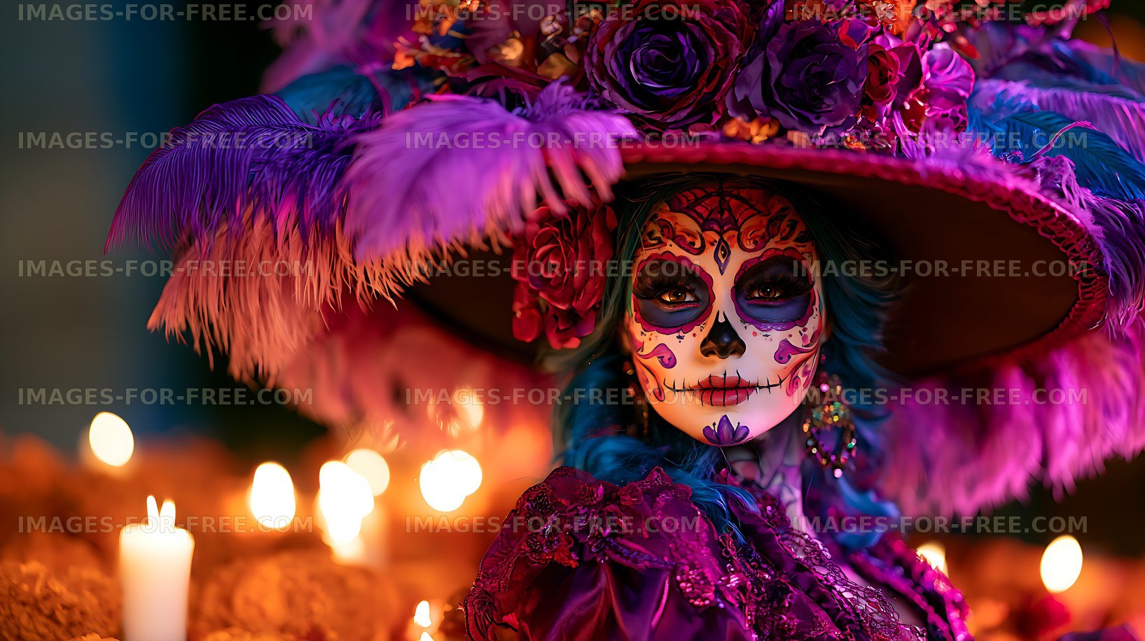 Colorful skull makeup portrait with flowers, feathers, and candles