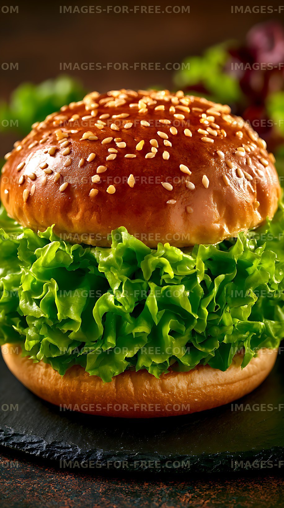 Sesame burger with abundant fresh lettuce