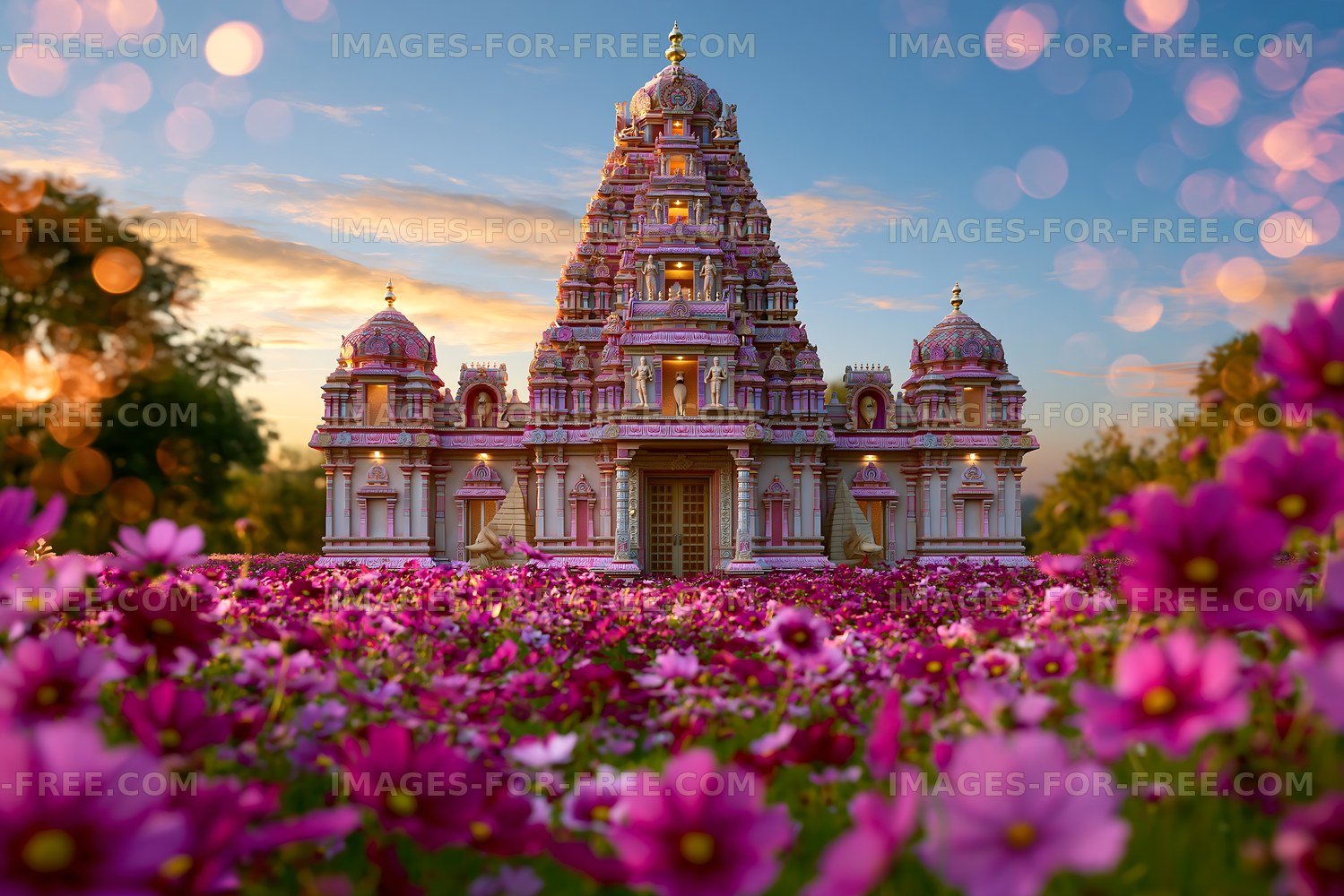 Colorful Hindu temple amid a field of pink flowers