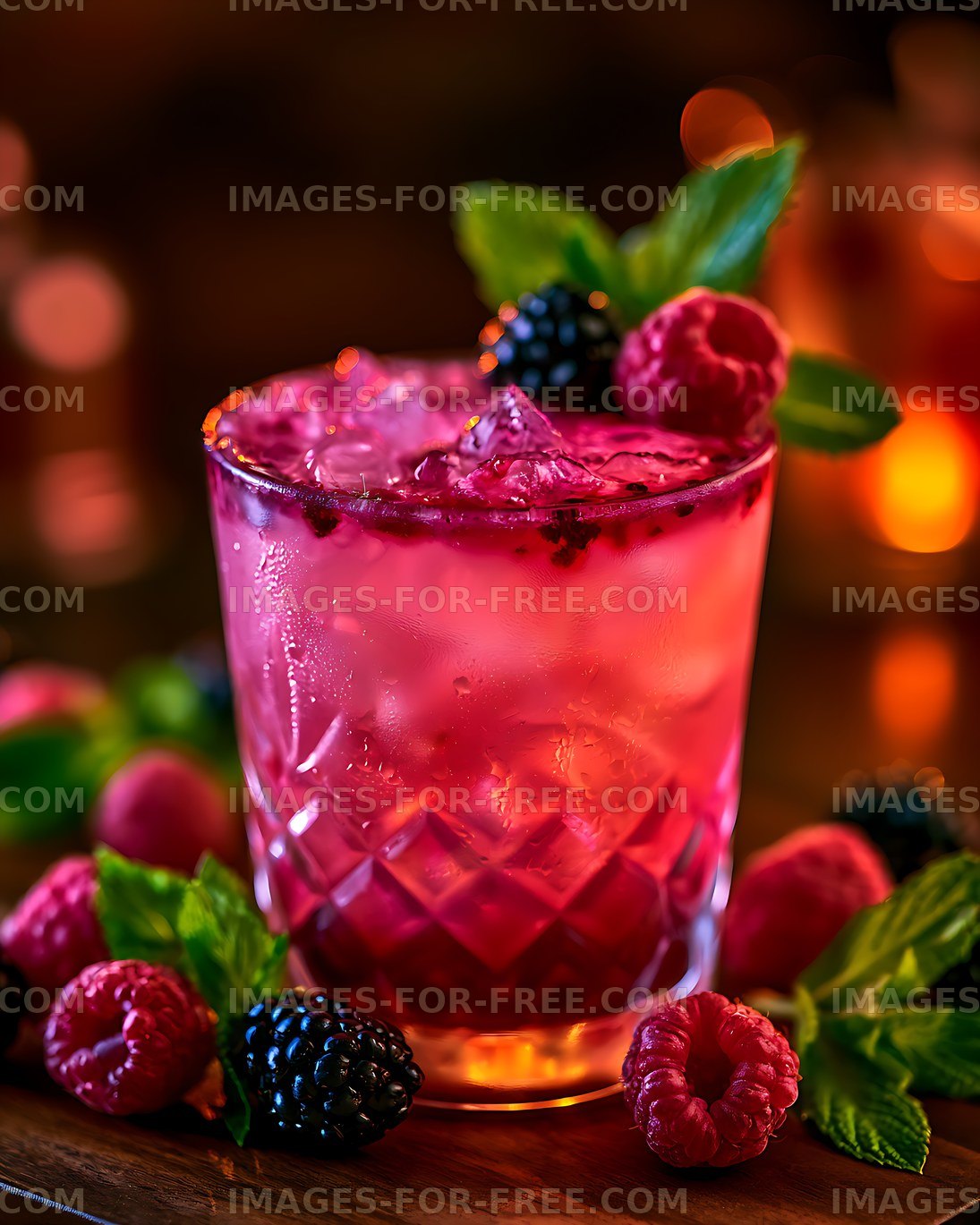 Pink berry drink garnished with raspberries and mint