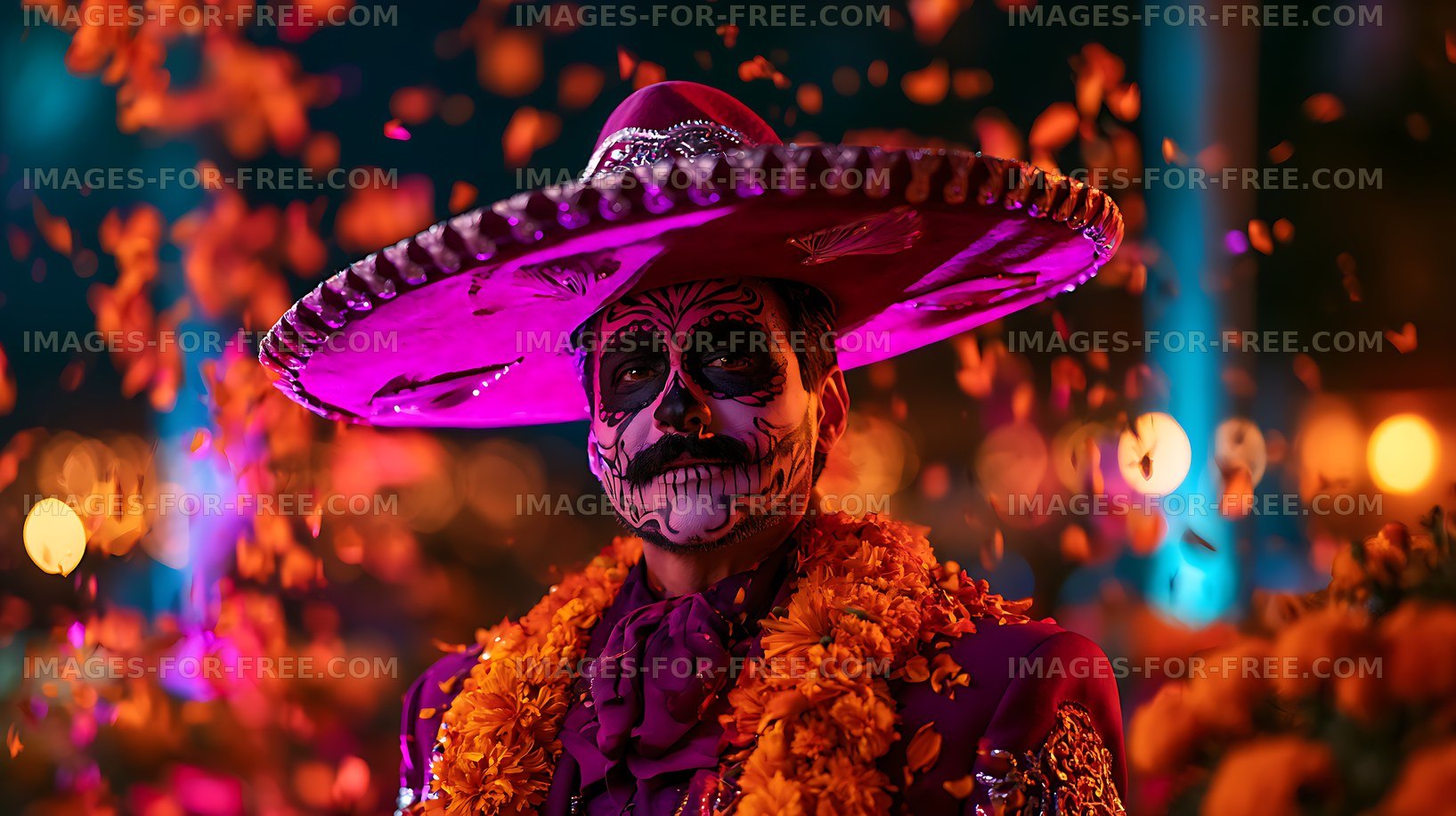 Colorful portrait with skull face paint and marigold garlands