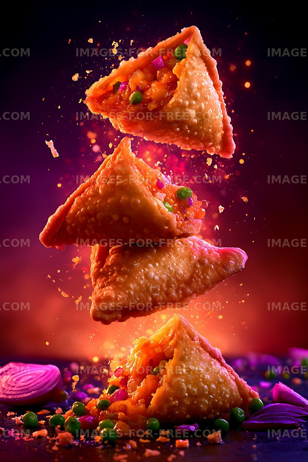 Three samosas floating in the air with colorful ingredients around