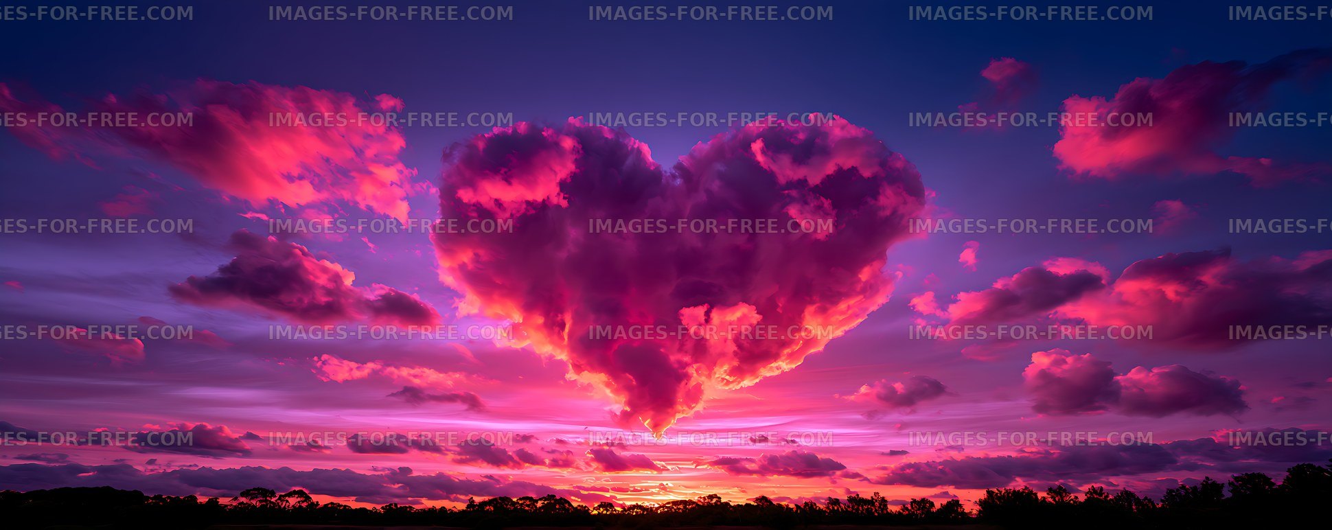 Colorful sunset cloudscape over silhouetted trees