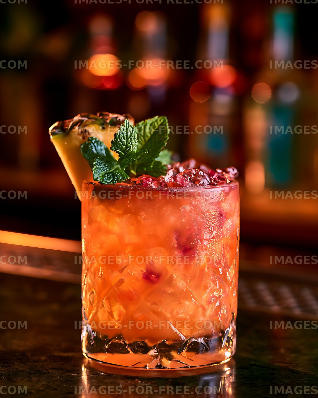 Orange iced cocktail with mint and citrus garnish
