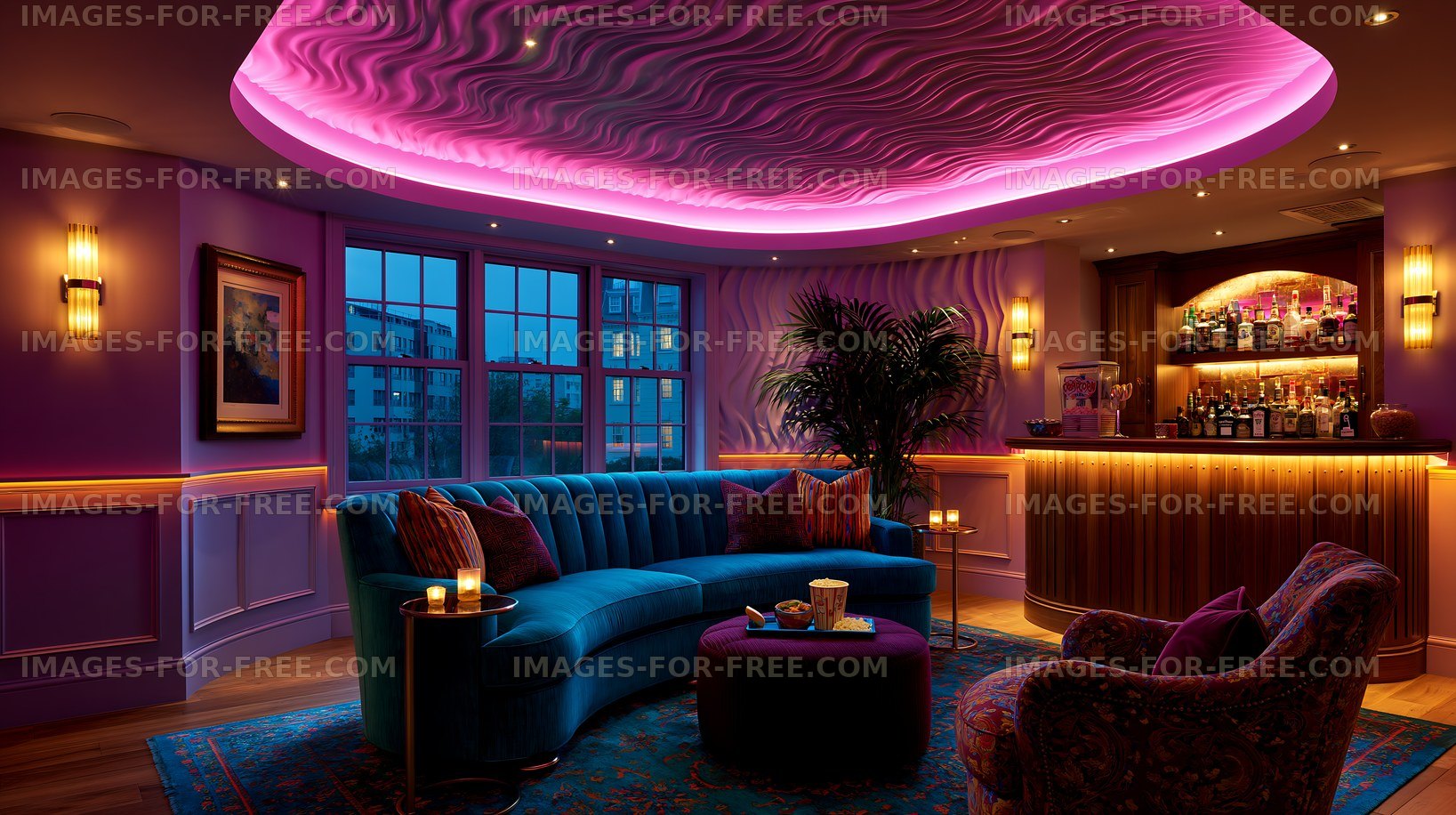 Vibrant lounge with bar, blue sofa, and pink ceiling light