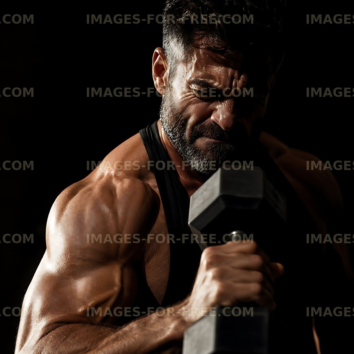 Man lifting dumbbell in dark gym setting