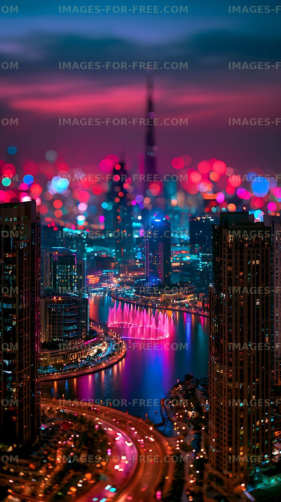 Vibrant city waterfront and fountain at night