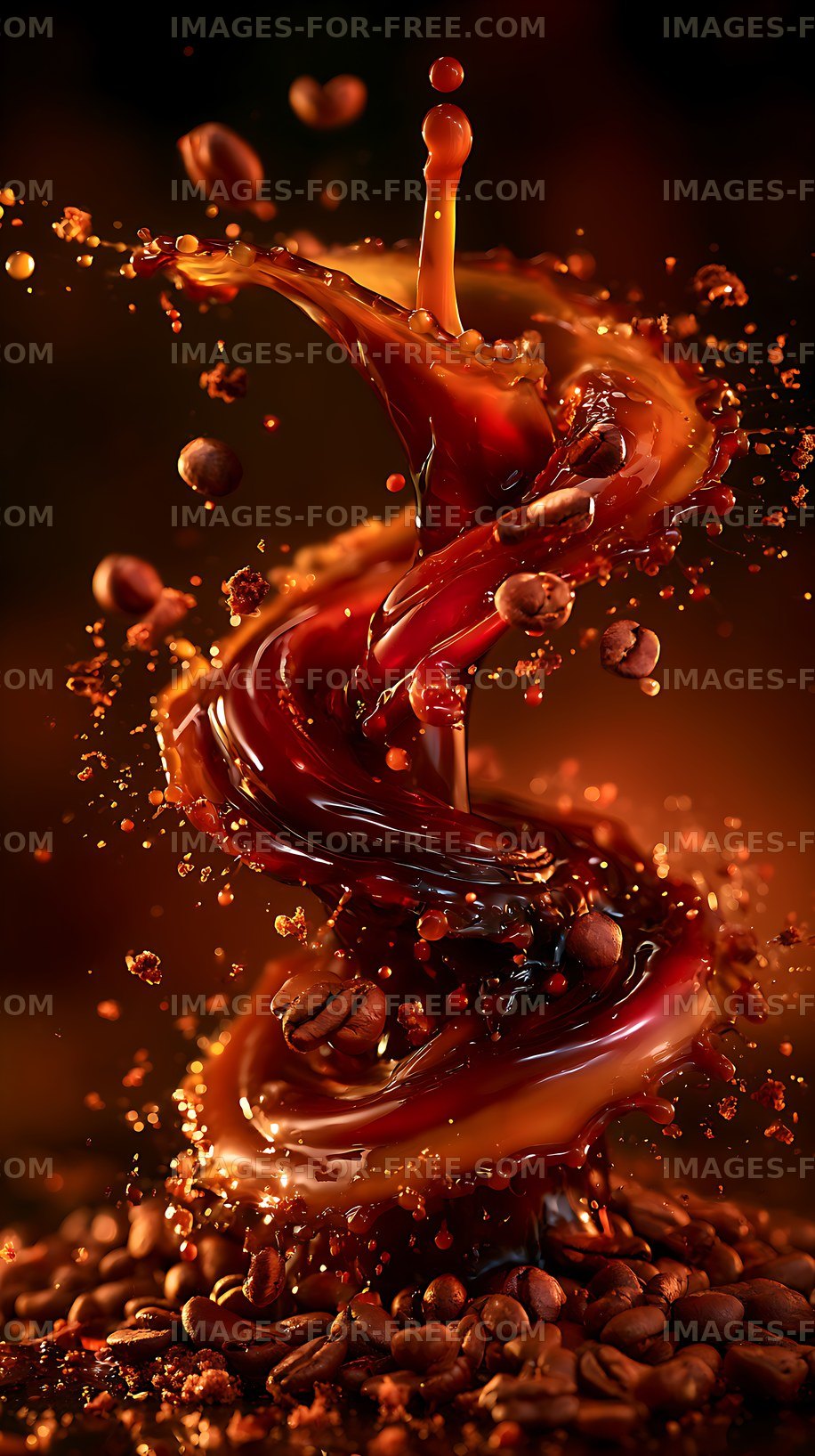Abstract coffee splash surrounded by roasted beans
