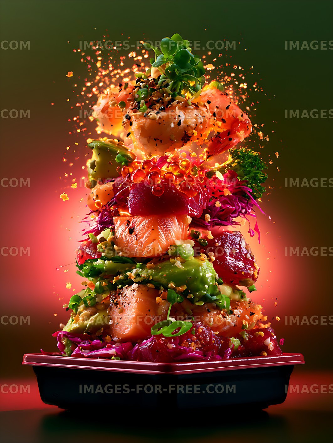Vibrant gourmet salad stack with salmon and fresh vegetables