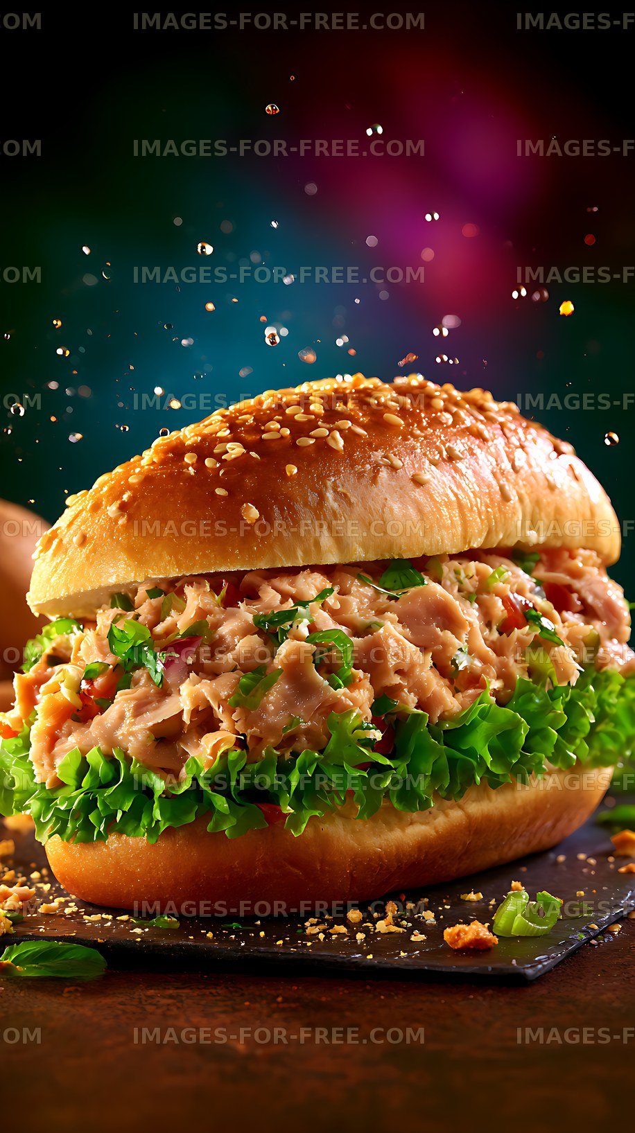 Tuna sandwich with fresh lettuce and sesame bun