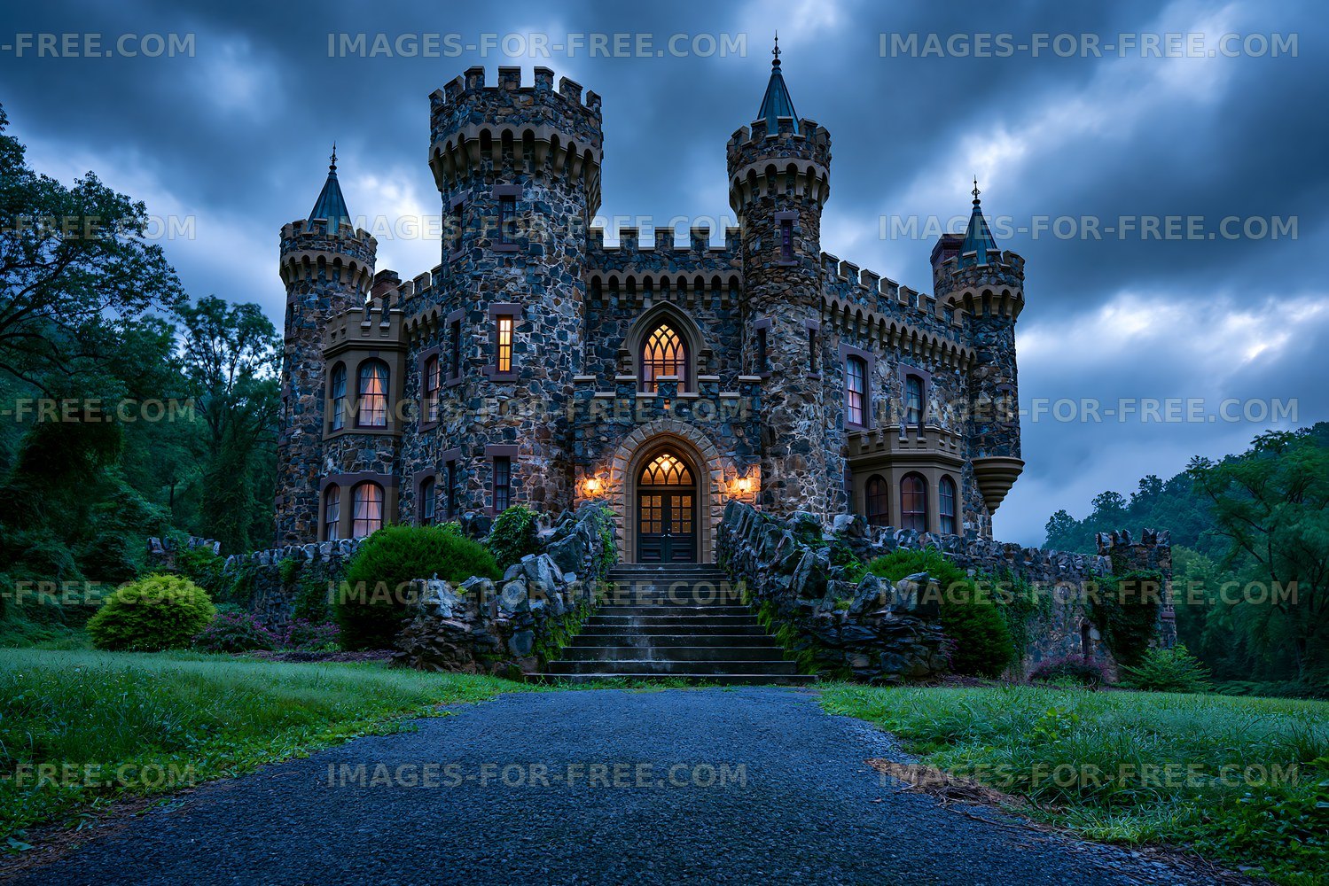 Ornate stone castle in a lush forest landscape