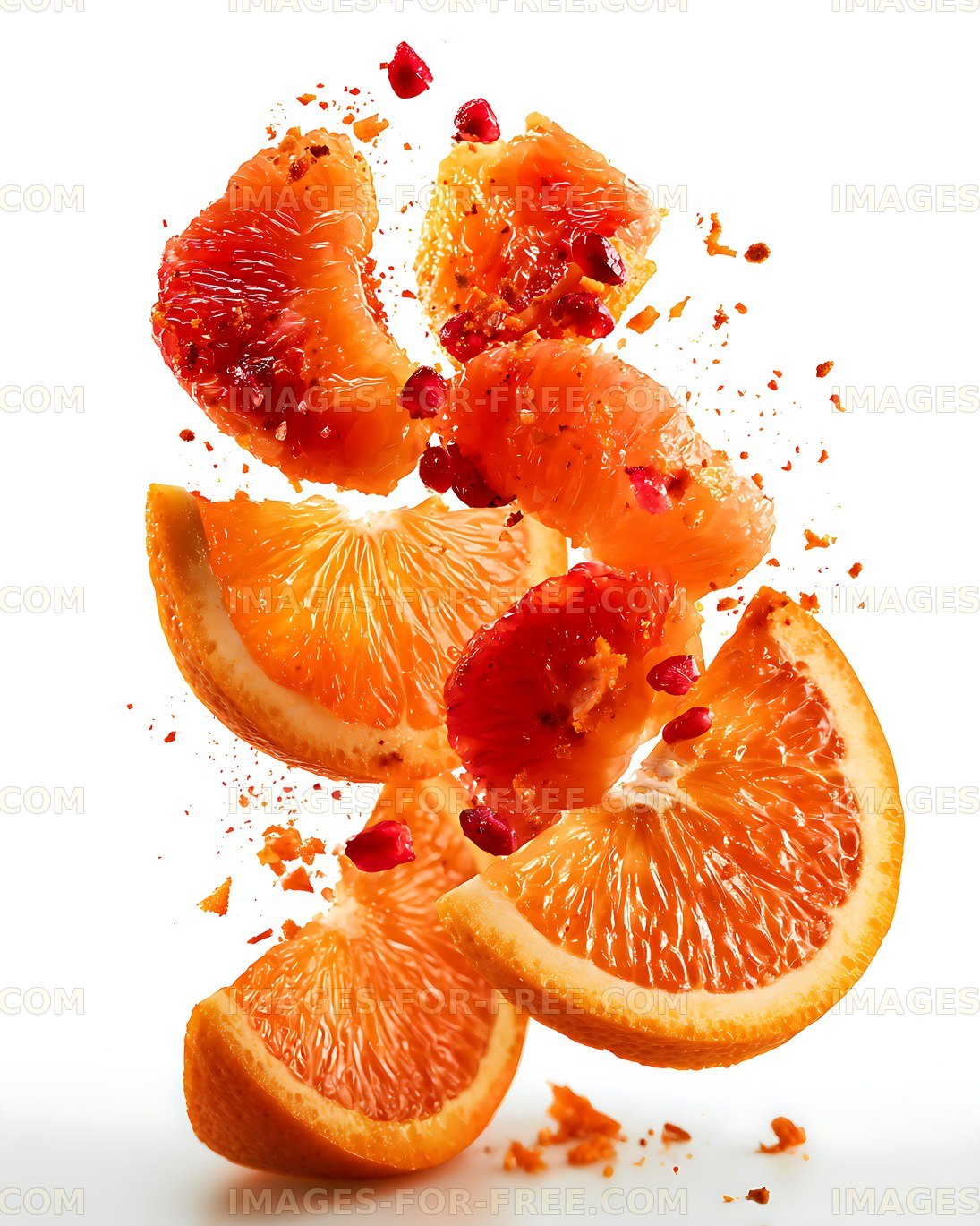 Vibrant citrus slices and fruit fragments on white