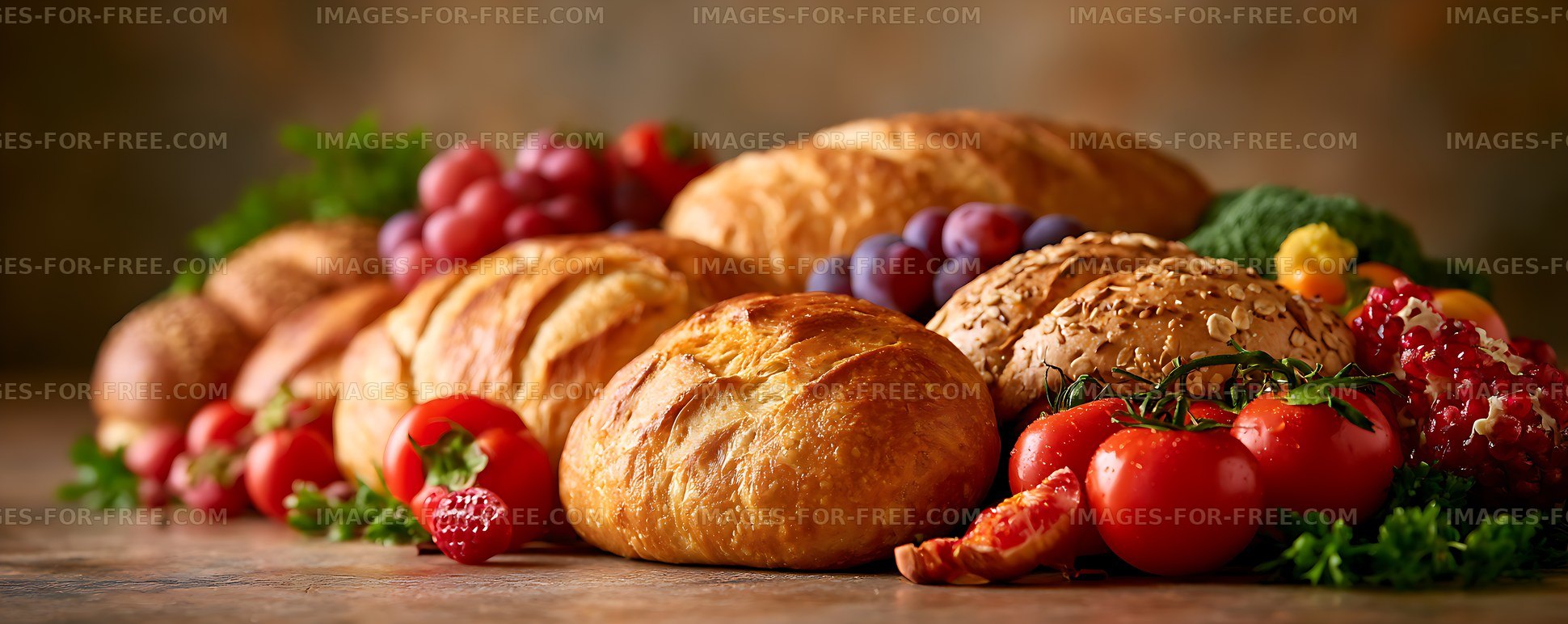 Fresh bread and colorful produce on a rustic table