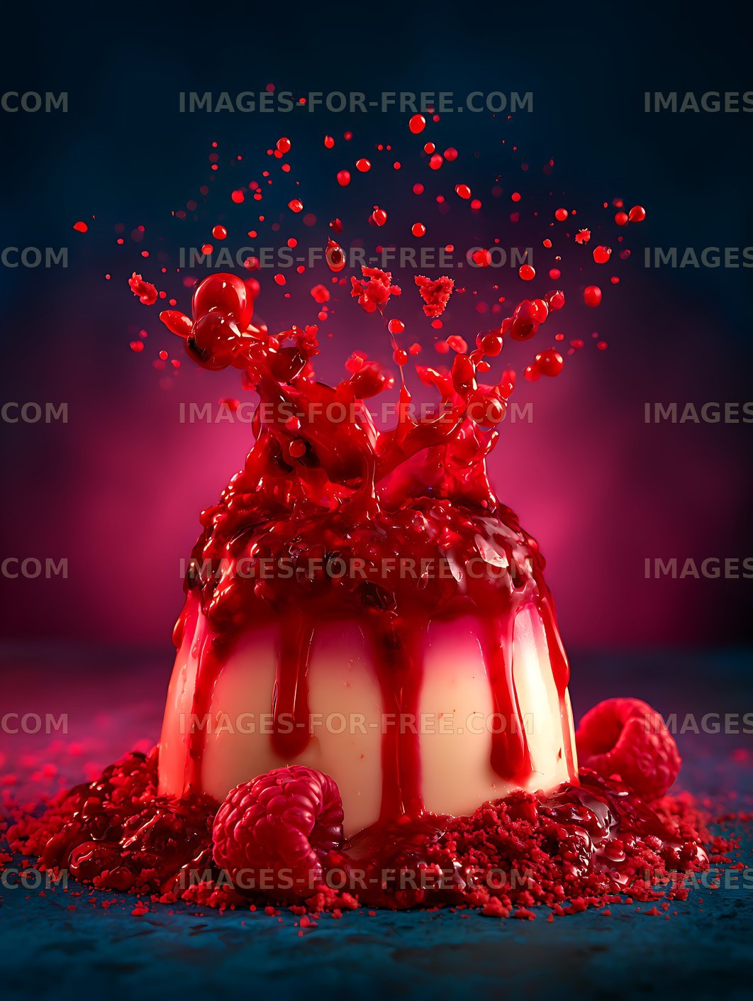 Dramatic raspberry cake with red fruit splash