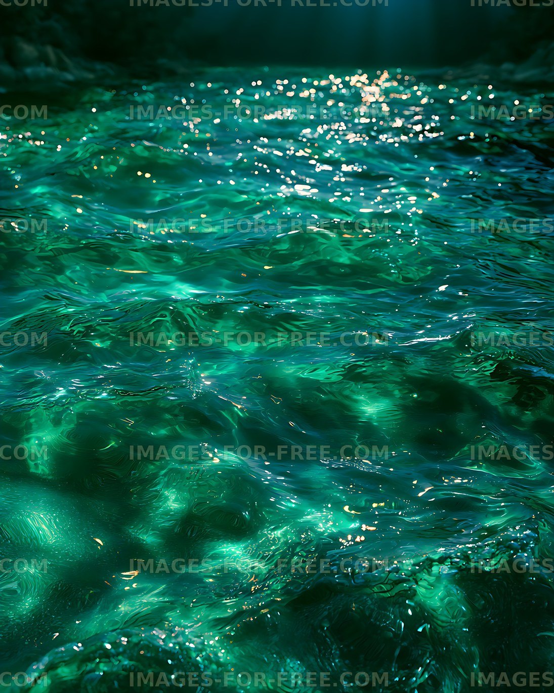 Emerald ocean water with bright shimmering highlights