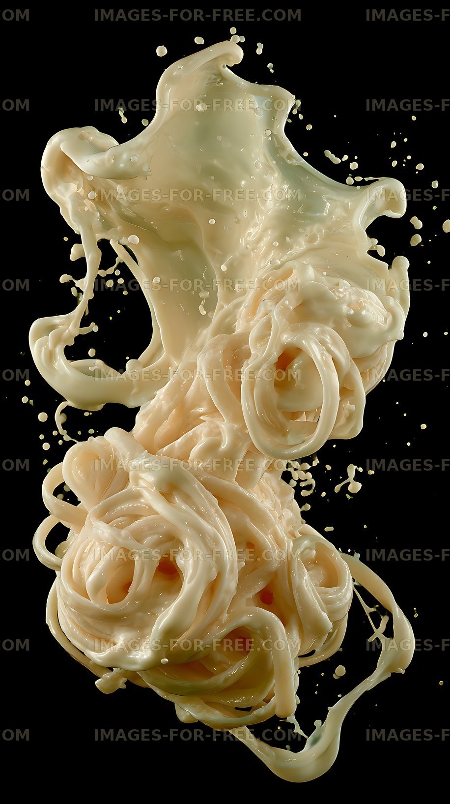 Creamy noodle splash isolated on black