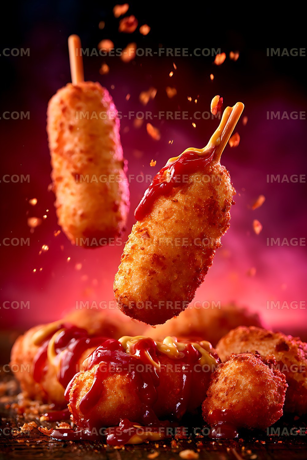 Golden fried snacks with colorful sauces