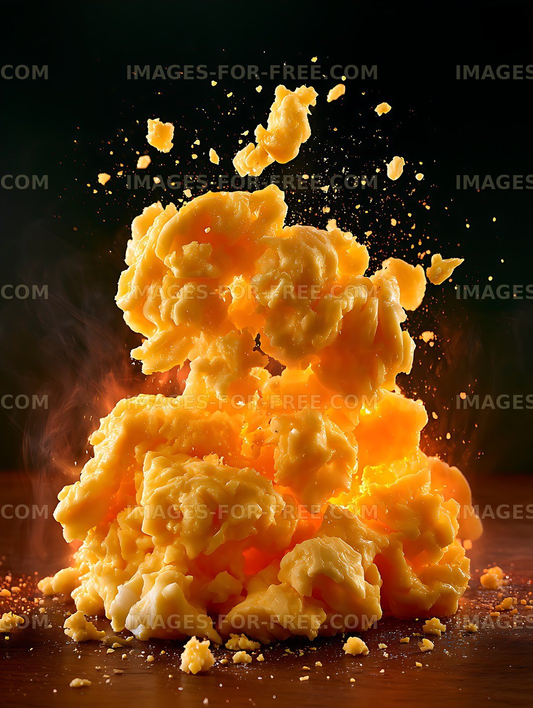 Abstract golden cheese splash on a dark surface