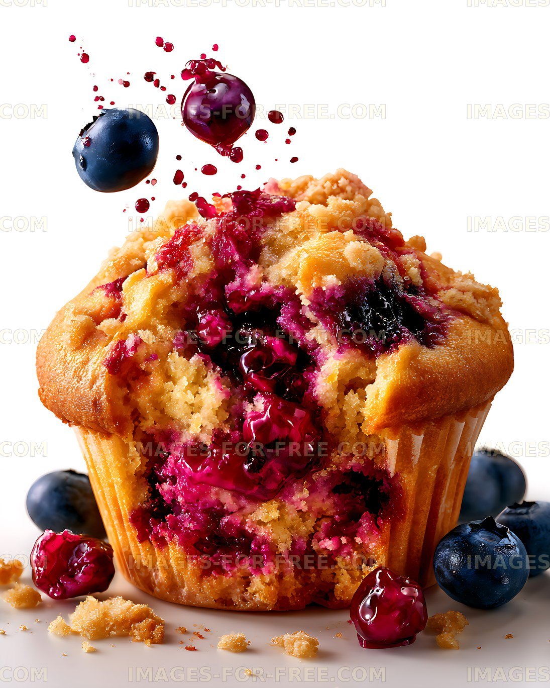 Golden blueberry muffin with colorful berry center