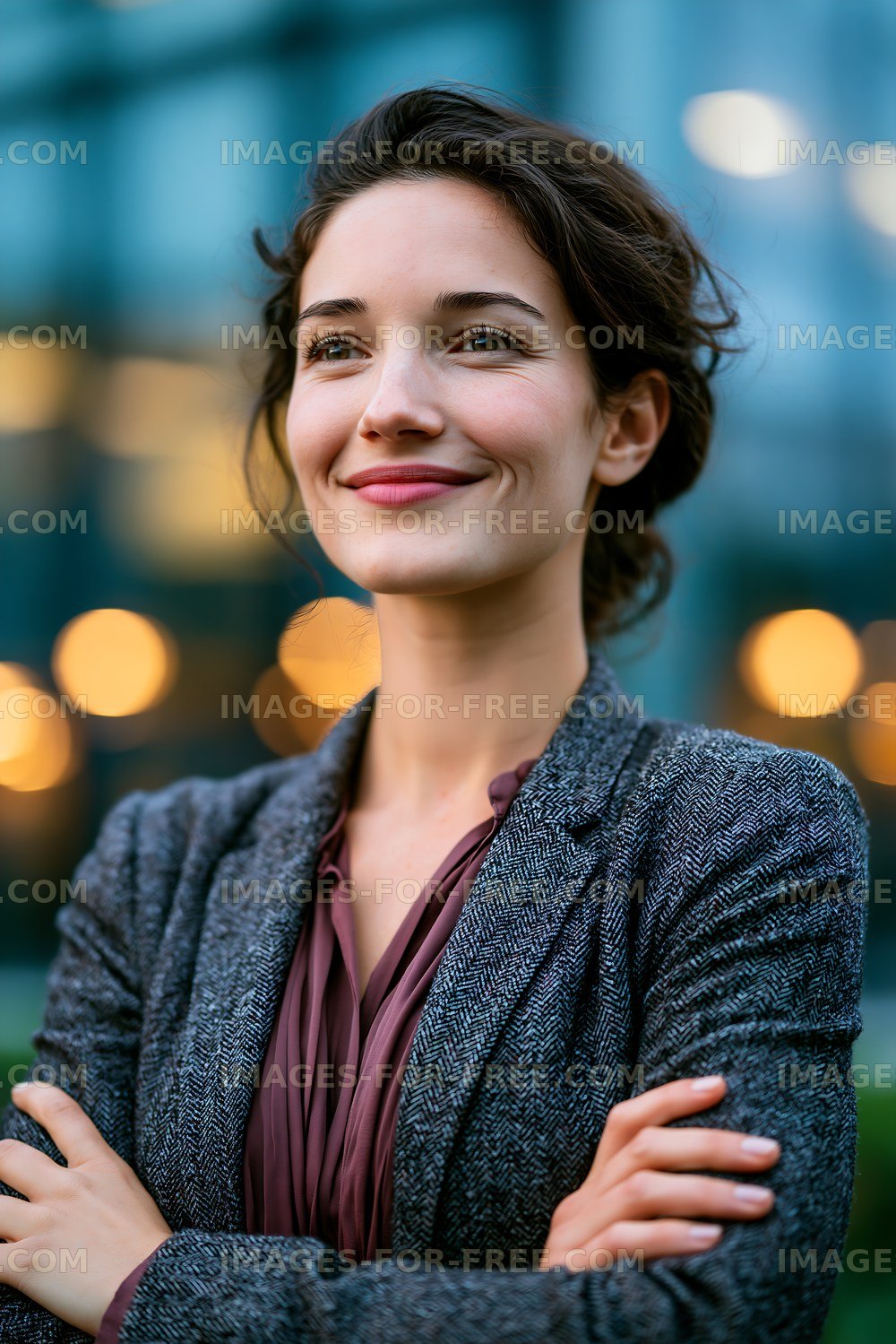Confident woman smiling outdoors in a city setting