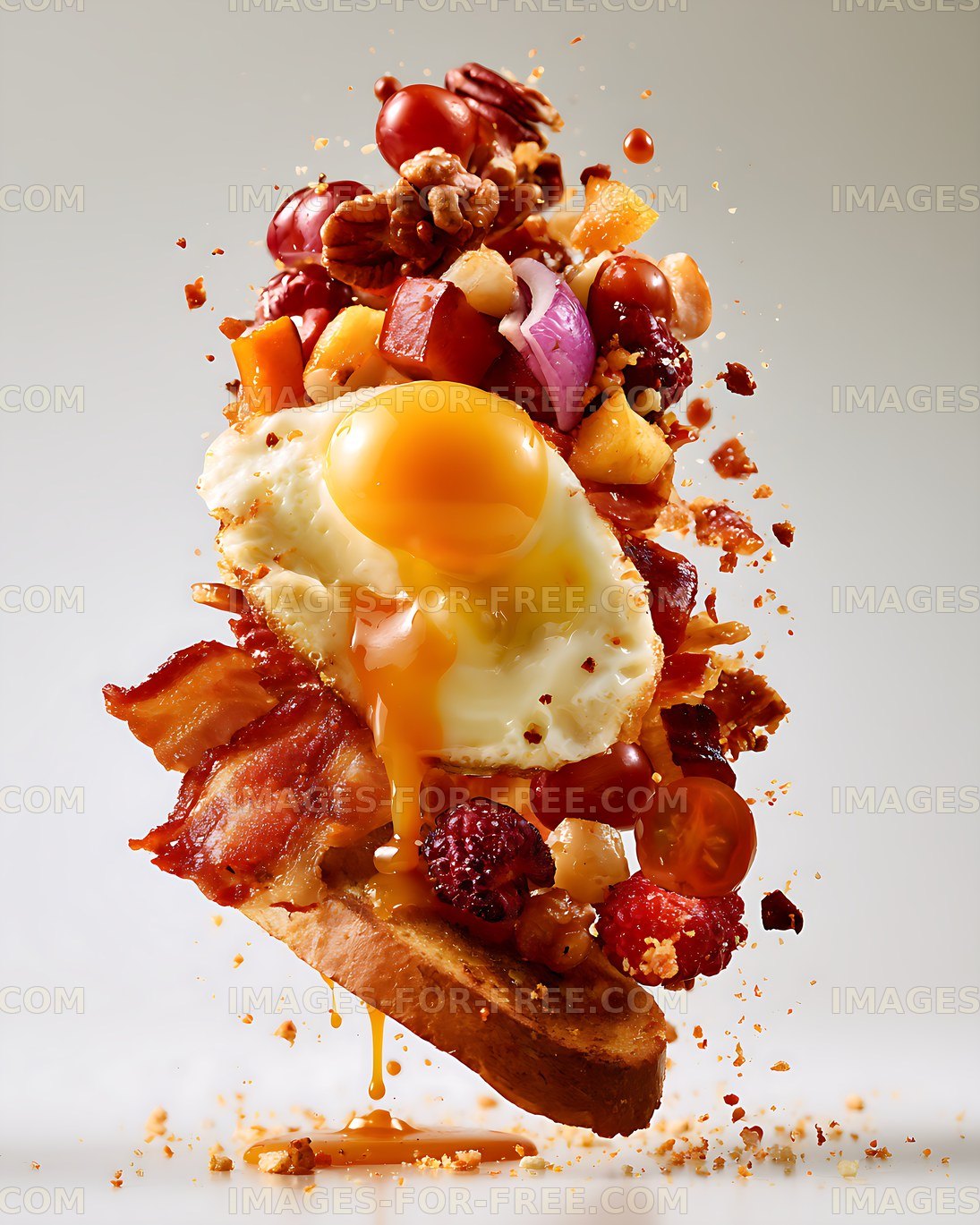Creative breakfast toast with eggs, bacon, fruit and nuts