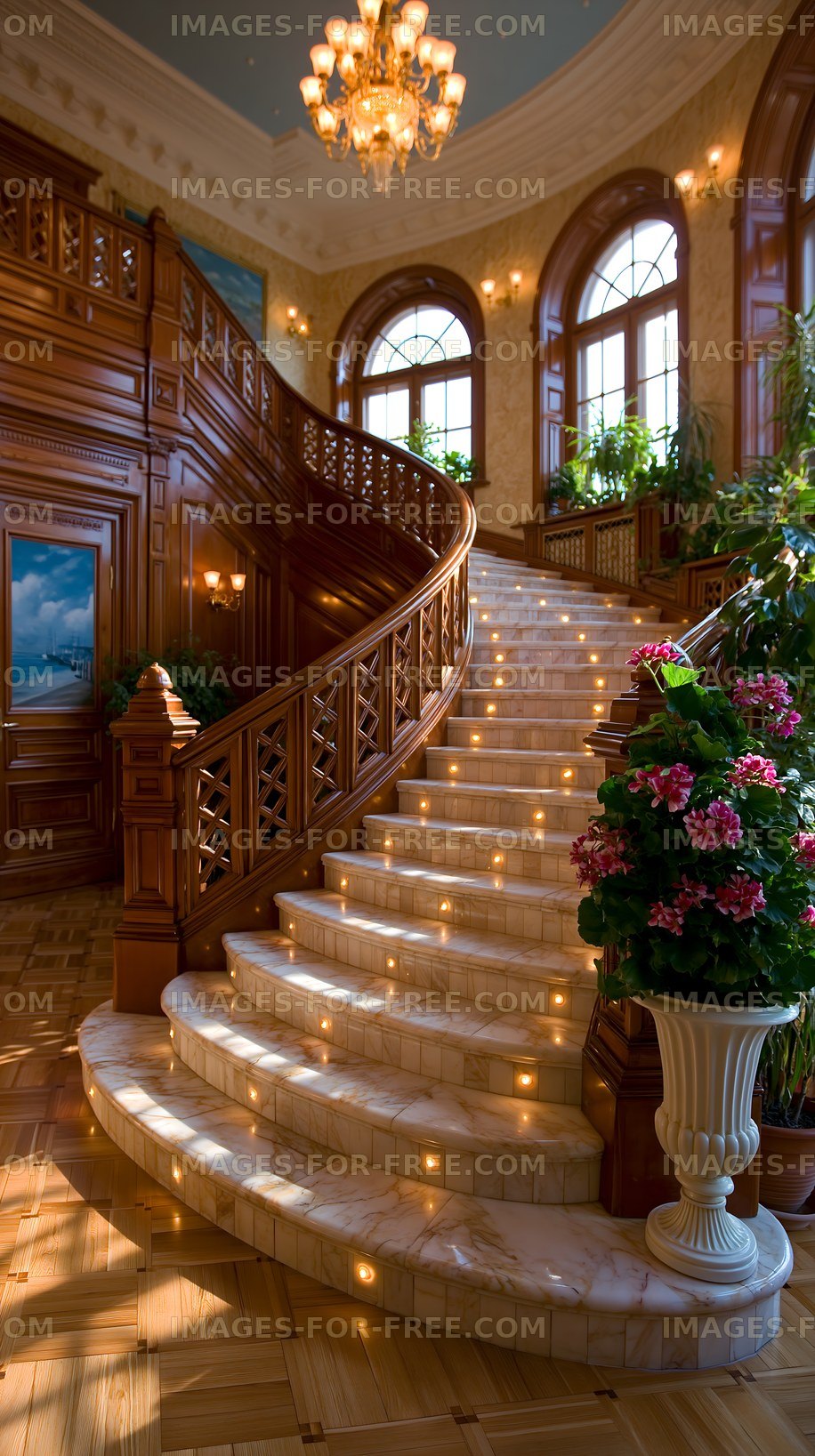 Elegant interior with curved marble staircase and chandelier