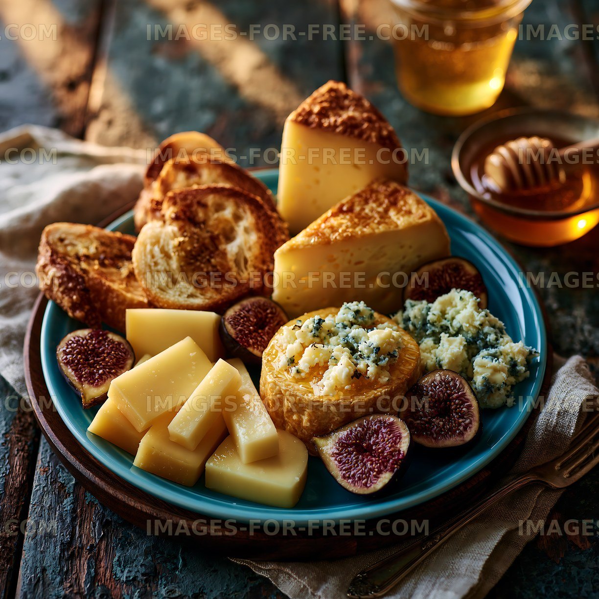 Gourmet cheese board with figs and honey