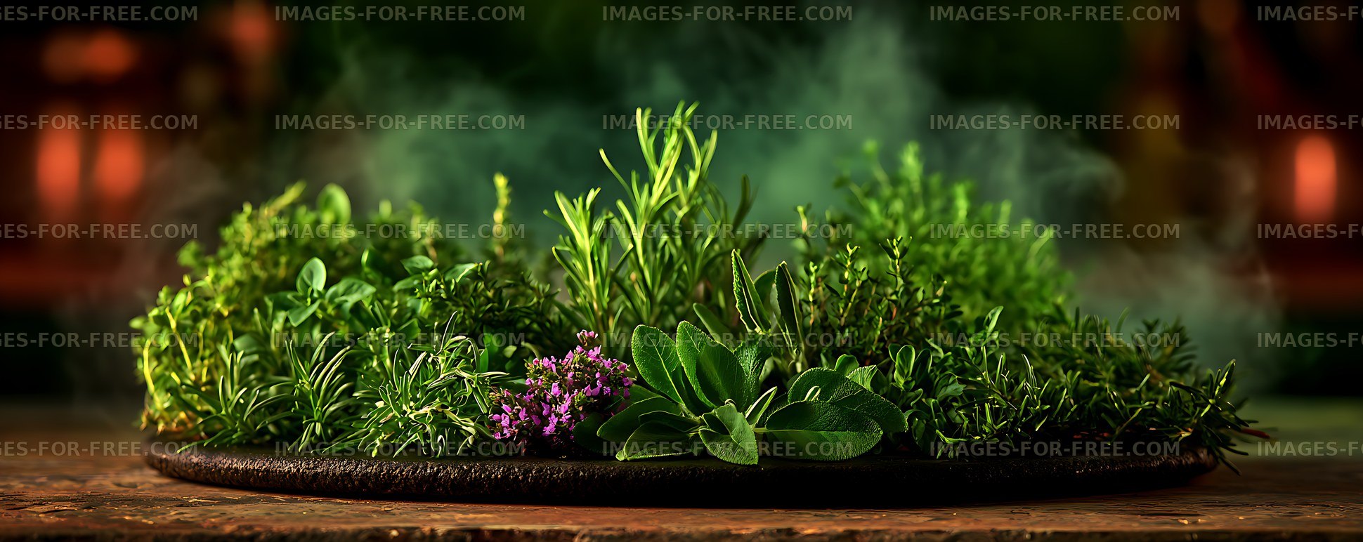 Assortment of fresh herbs with purple flowers on rustic board