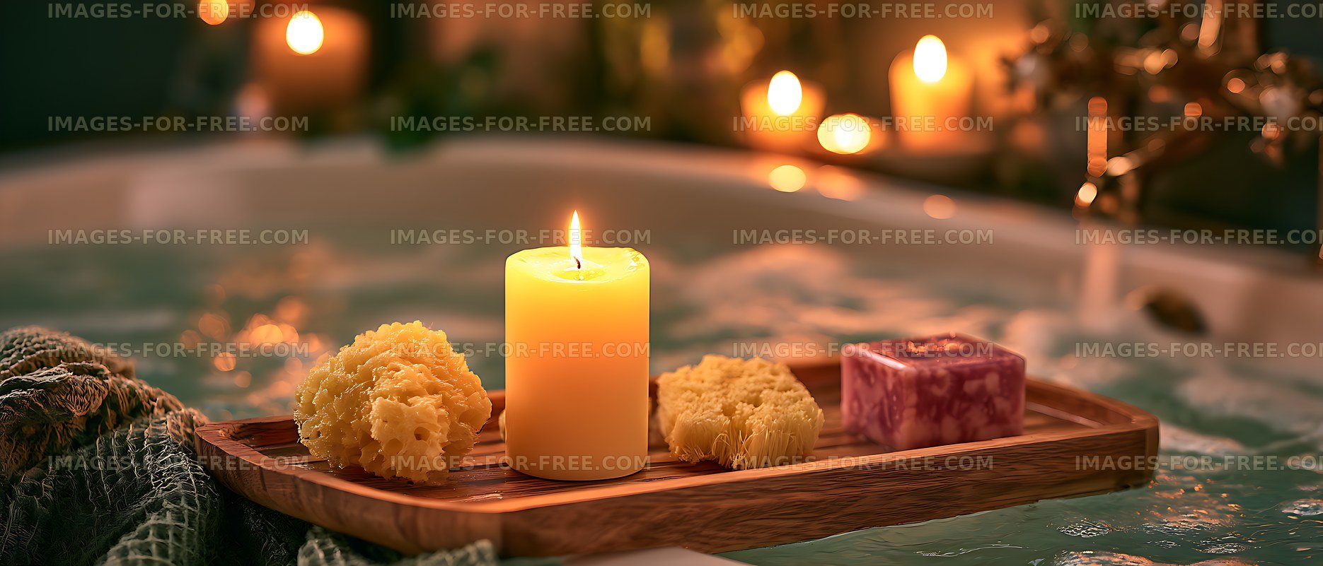 Warm candlelight and spa soaps by a pool