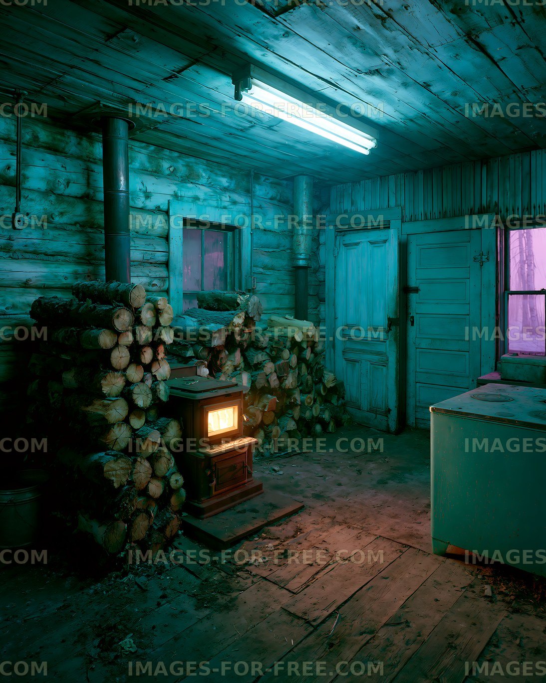 Rustic cabin room with glowing wood stove and firewood