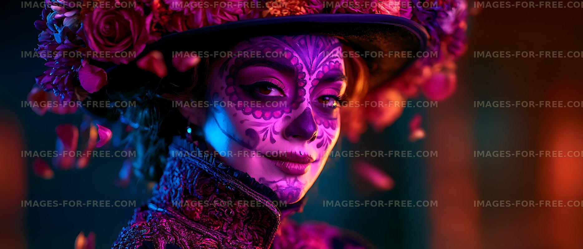 Close-up woman with floral makeup under colorful dramatic lighting