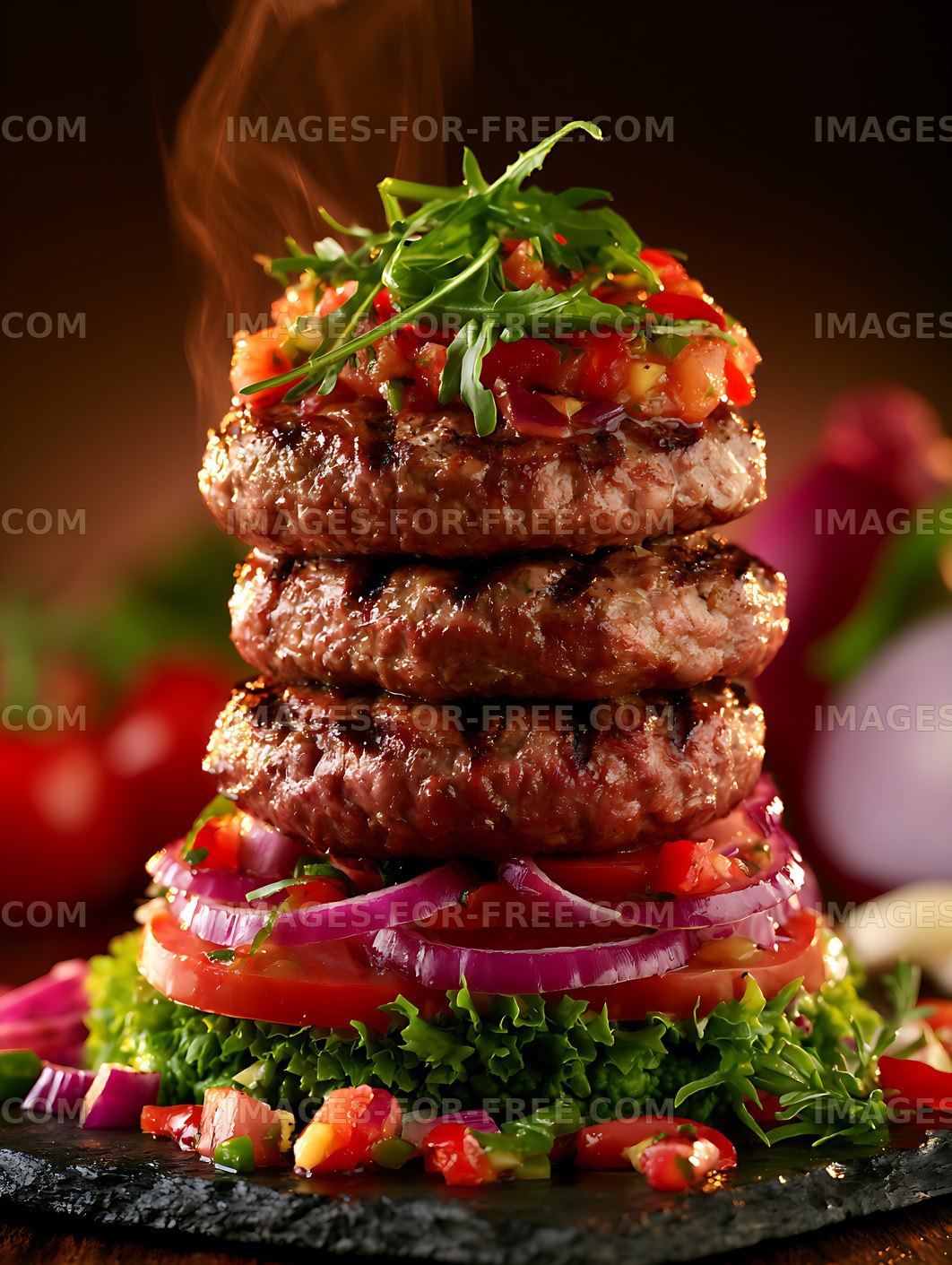 Tall burger stack with grilled patties and colorful vegetables