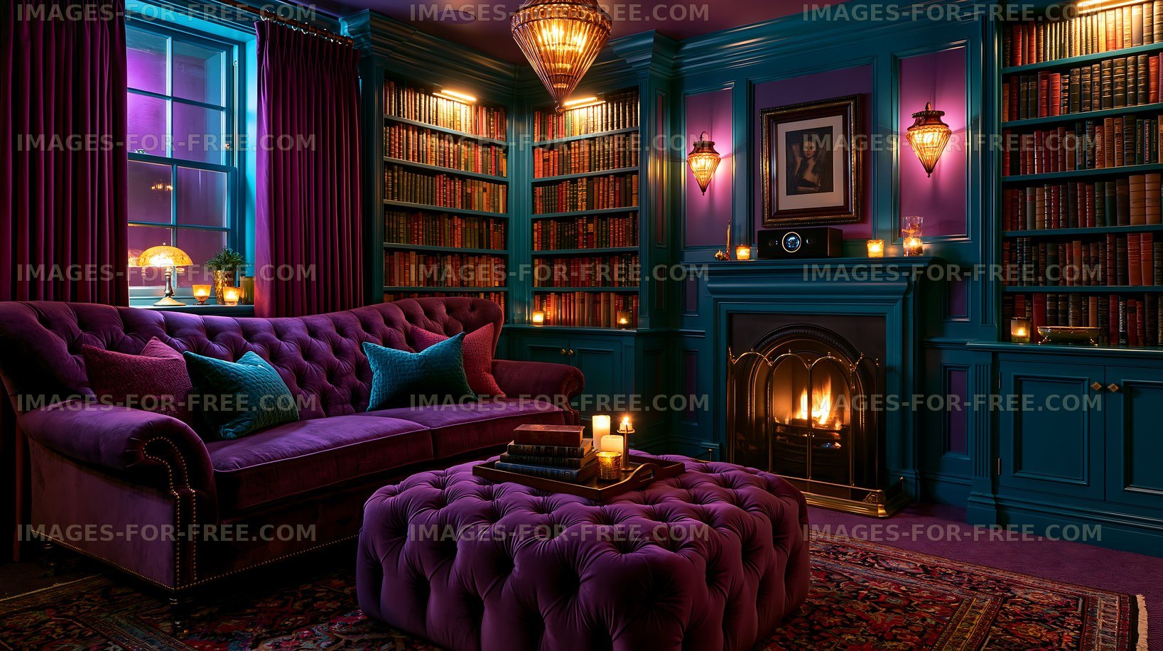 Elegant home library lounge with glowing fireplace