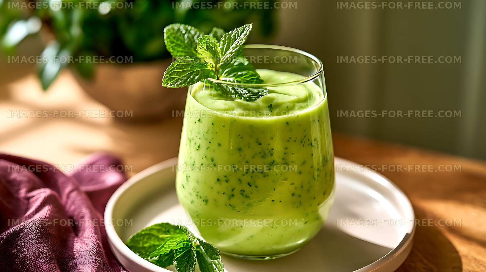 Fresh green smoothie garnished with mint leaves