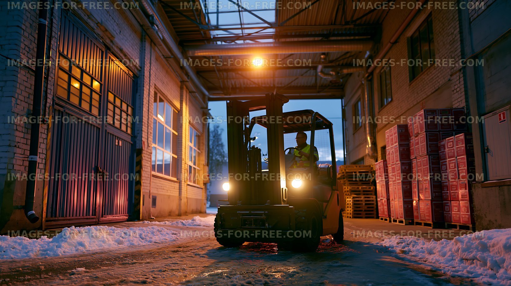 Forklift operator in snowy industrial warehouse yard
