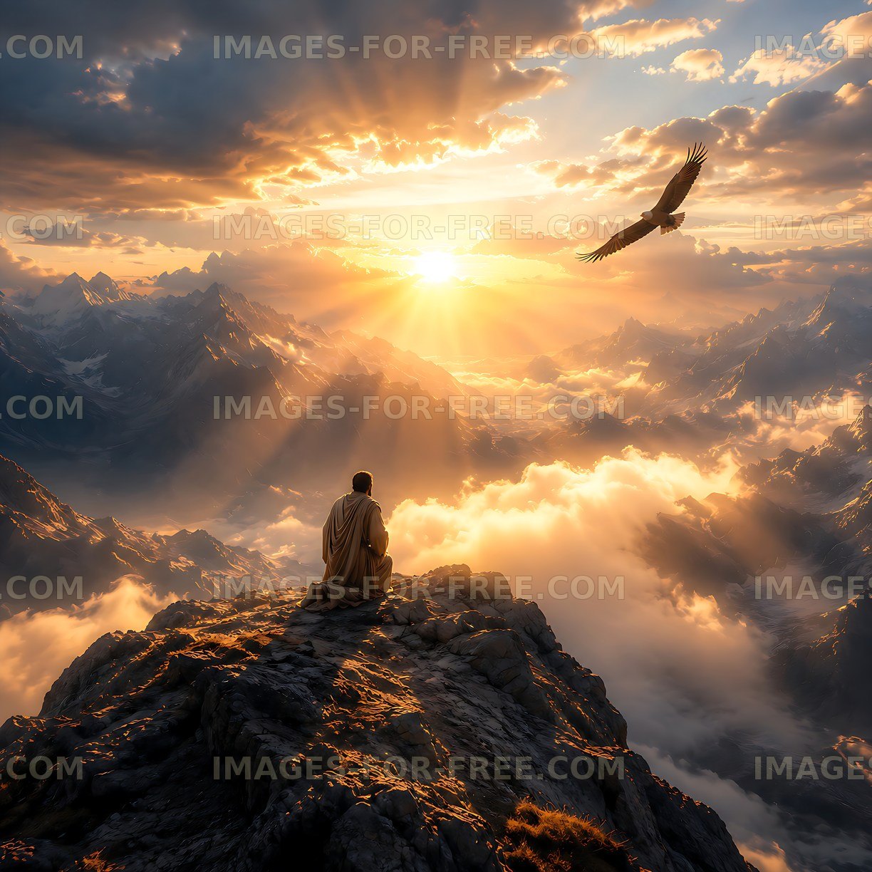 Sunset view from mountain peak with figure and eagle soaring
