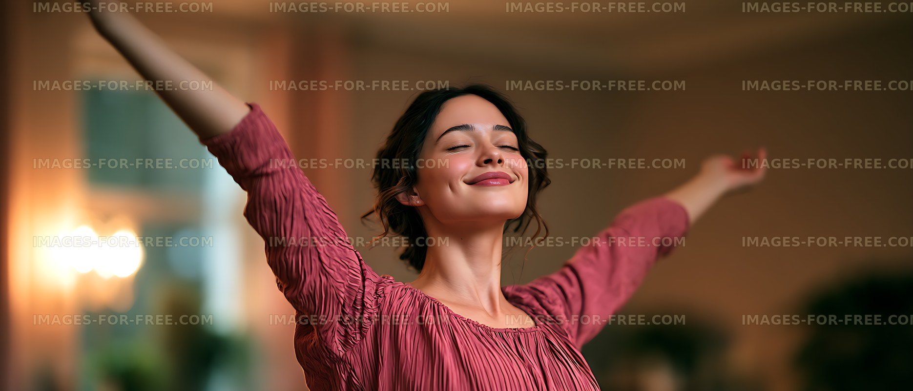Happy woman celebrating with arms outstretched indoors