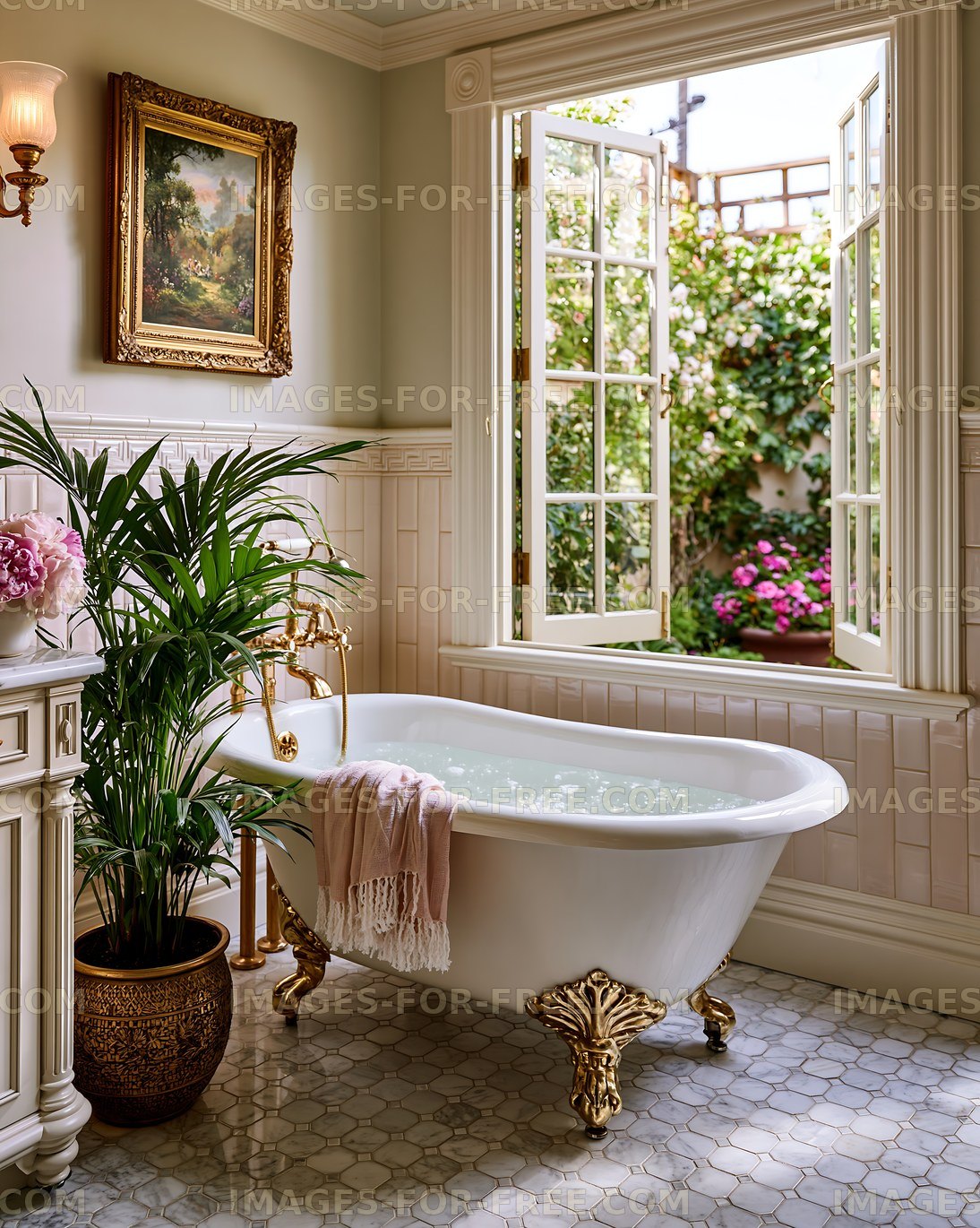 Classic bathroom with freestanding tub and garden view